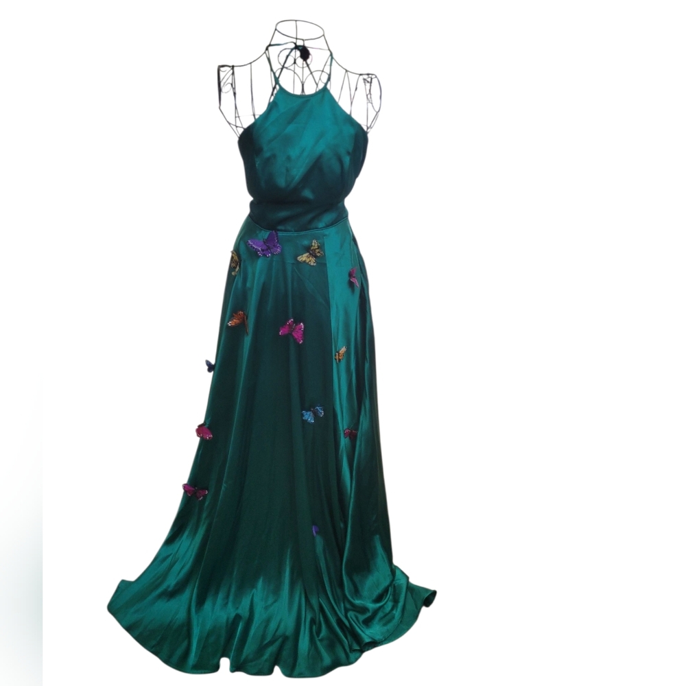 Blondie NITES Evening Gown Maxi Dress Green Satin Crossback BUTTERFLY